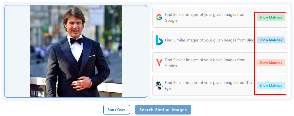 Reverse image search results screen showing the uploaded photo on the left and four search engine options on the right — Google, Bing, Yandex, and TinEye , each with a "Show Matches" button