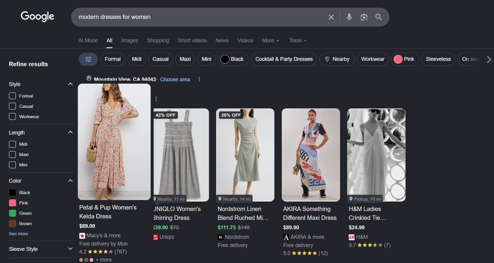 Google search results for "modern dresses for women" displaying a grid of dress product images with prices, alongside a "Refine results" filter panel for style, length, and color