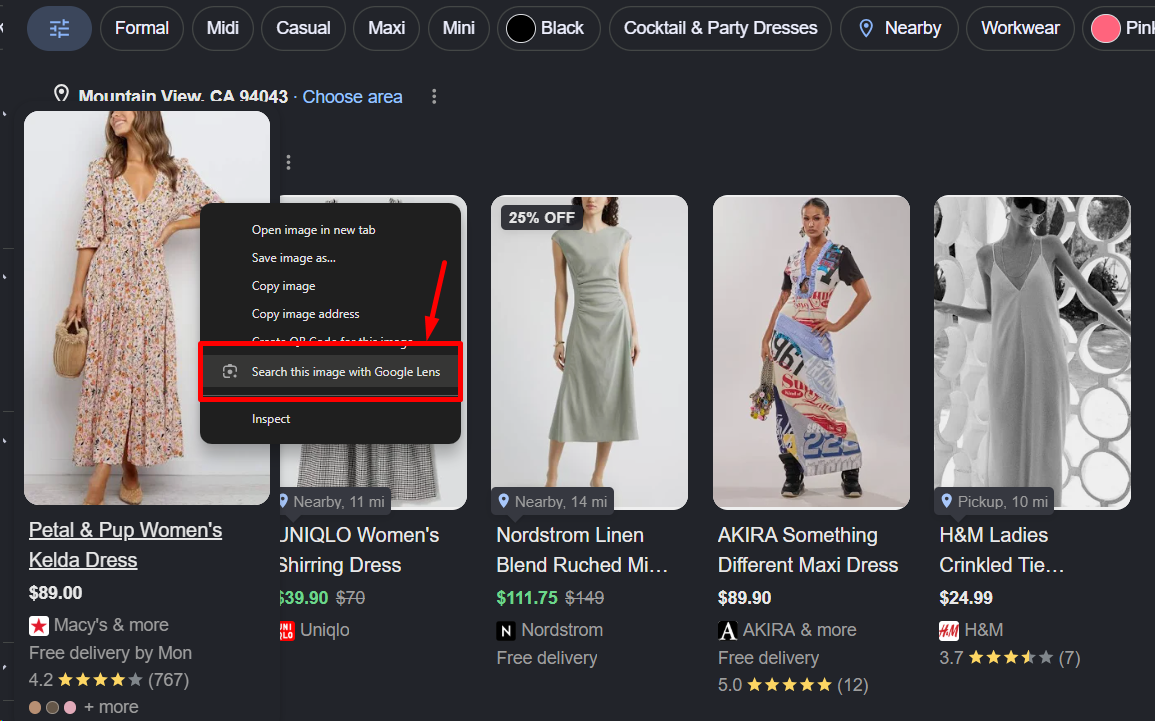 Google image search results with a right-click menu open on the first dress image, highlighting the "Search this image with Google Lens" option