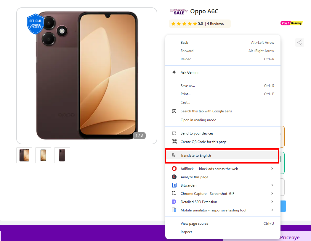 Product page for a smartphone with the browser right-click menu open, highlighting the "Search this tab with Google Lens" and "Translate to English" options