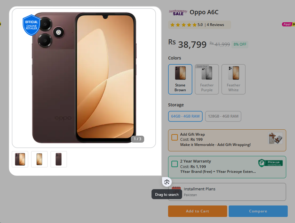 Smartphone product page showing price, color options, and storage choices, with a "Drag to search" Google Lens button appearing over the product image