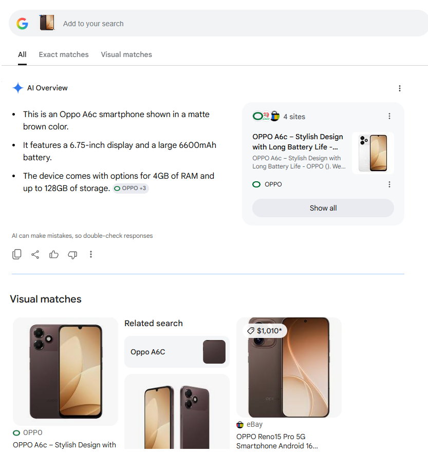 Google Lens reverse image search result with an AI Overview describing the smartphone's specifications, a source panel on the right, and a "Visual matches" row of similar product listings below
