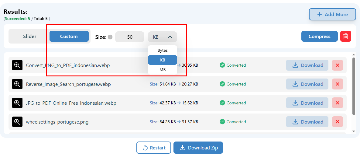 select custom compression size