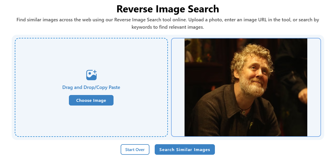 Reverse image search tool showing an uploaded photo of a bearded man beside a drag-and-drop upload area, with 'Choose Image' and 'Search Similar Images' buttons.