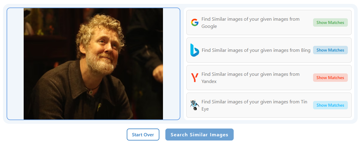 Reverse image search results panel offering 'Show Matches' buttons for Google, Bing, Yandex, and TinEye next to an uploaded photo of a bearded man.