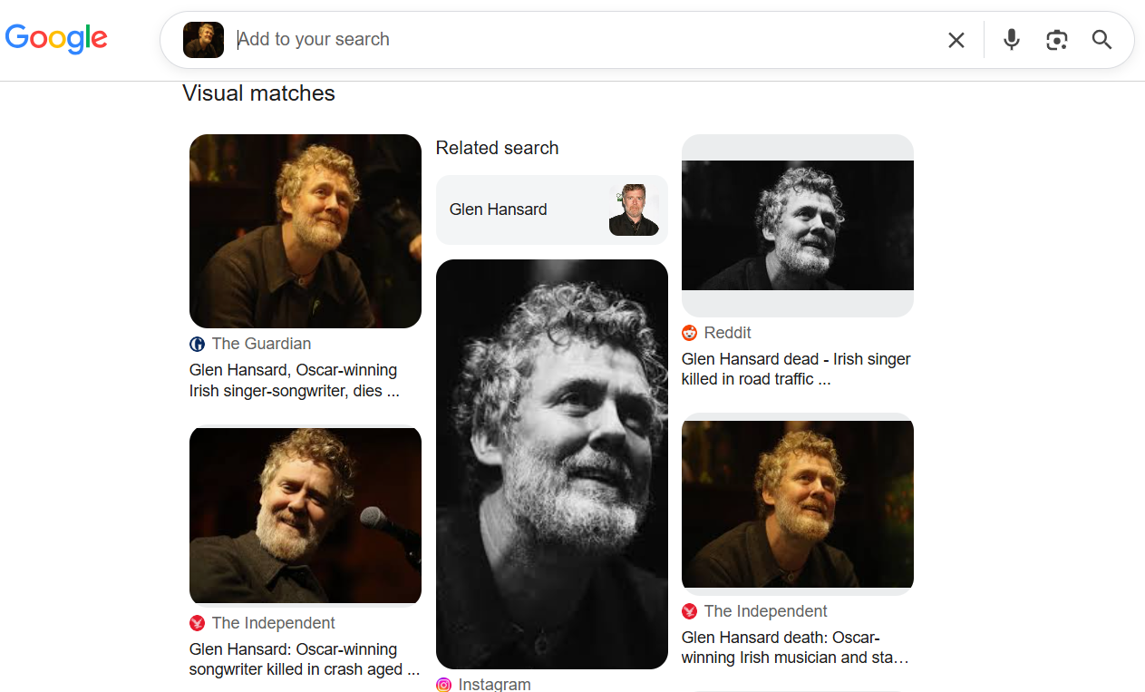 Google Lens 'Visual matches' results page showing multiple photos of musician Glen Hansard from news sources like The Guardian and The Independent, with a 'Related search' box bearing his name.