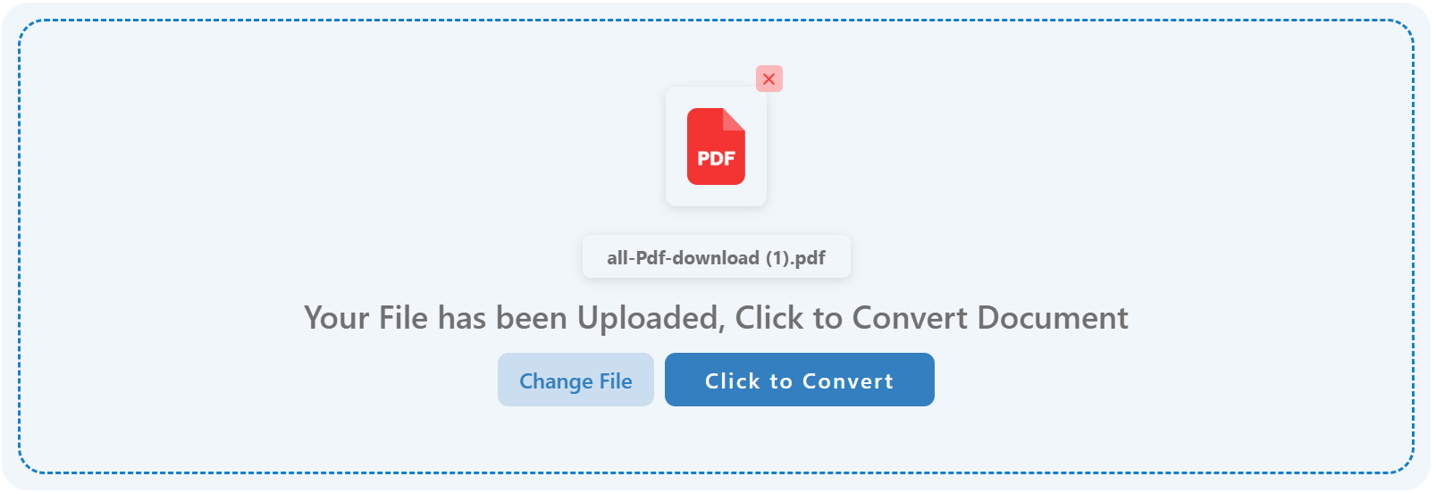 Screenshot showing a PDF file successfully uploaded to the PDF to Word converter tool, ready for conversion on a laptop or PC