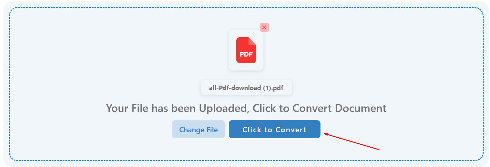 Click to Convert button highlighted after uploading a PDF file, showing how to start the PDF to Word conversion process on PC