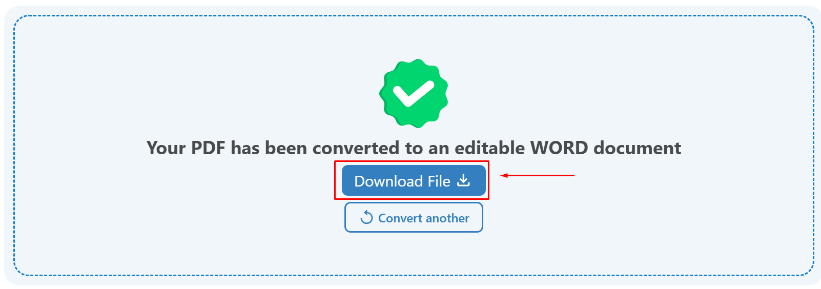 Confirmation screen showing the PDF has been converted to an editable Word document with the Download File button visible on PC