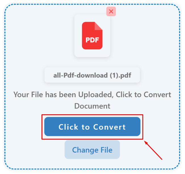 Click to Convert button highlighted after uploading a PDF file, showing how to initiate PDF to Word conversion on a mobile device