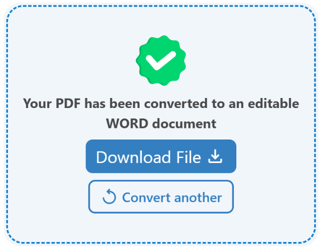 Confirmation screen showing the PDF has been converted to an editable Word document with the Download File button ready to tap